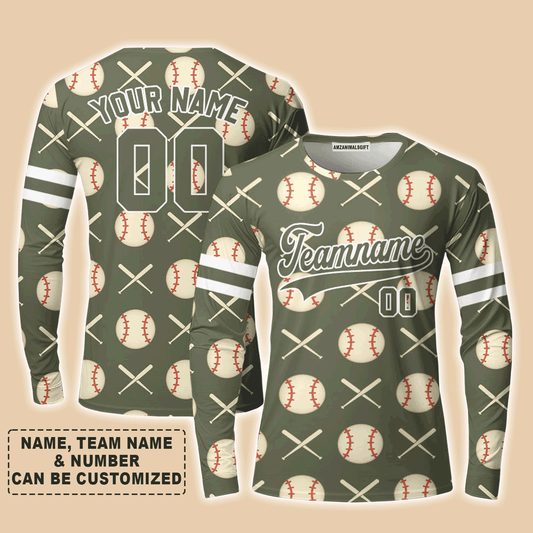 Customized Baseball Long Sleeve Shirt, Olive Baseball Striped Pattern Custom Long Sleeve Shirt - Perfect Long Sleeve Shirt For Men & Woman, Baseball Lovers