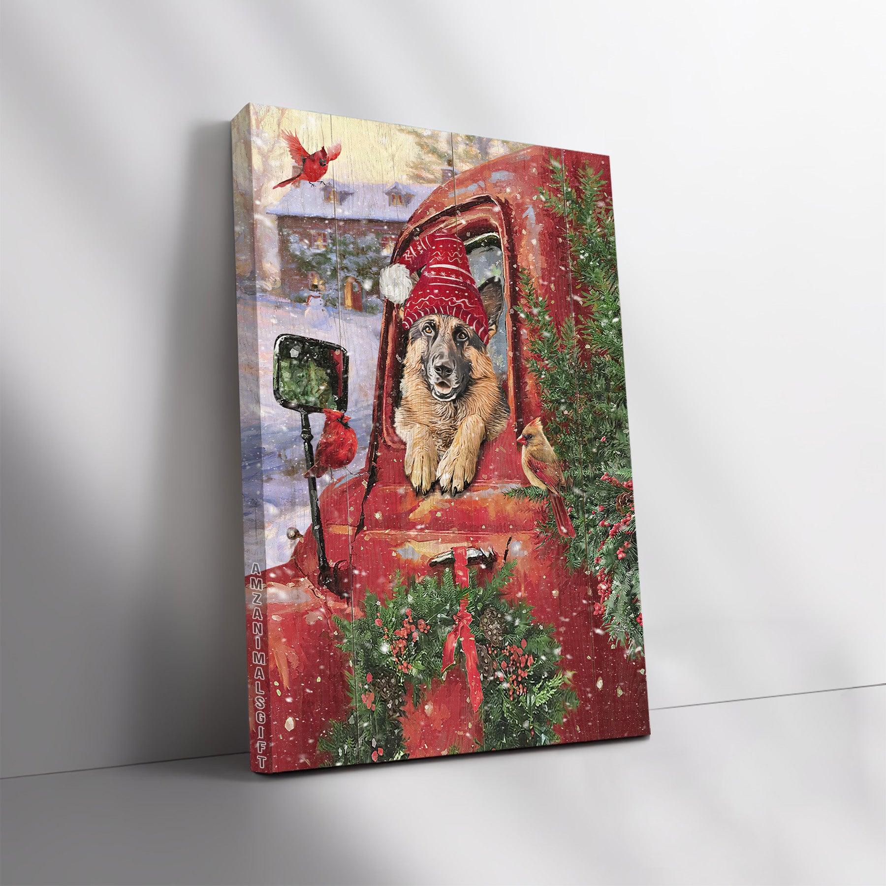 German Shepherd & Jesus Premium Wrapped Portrait Canvas - Pretty Ladybug Car, Cute German Shepherd, Christmas Painting, Cardinal - Gift For Christian