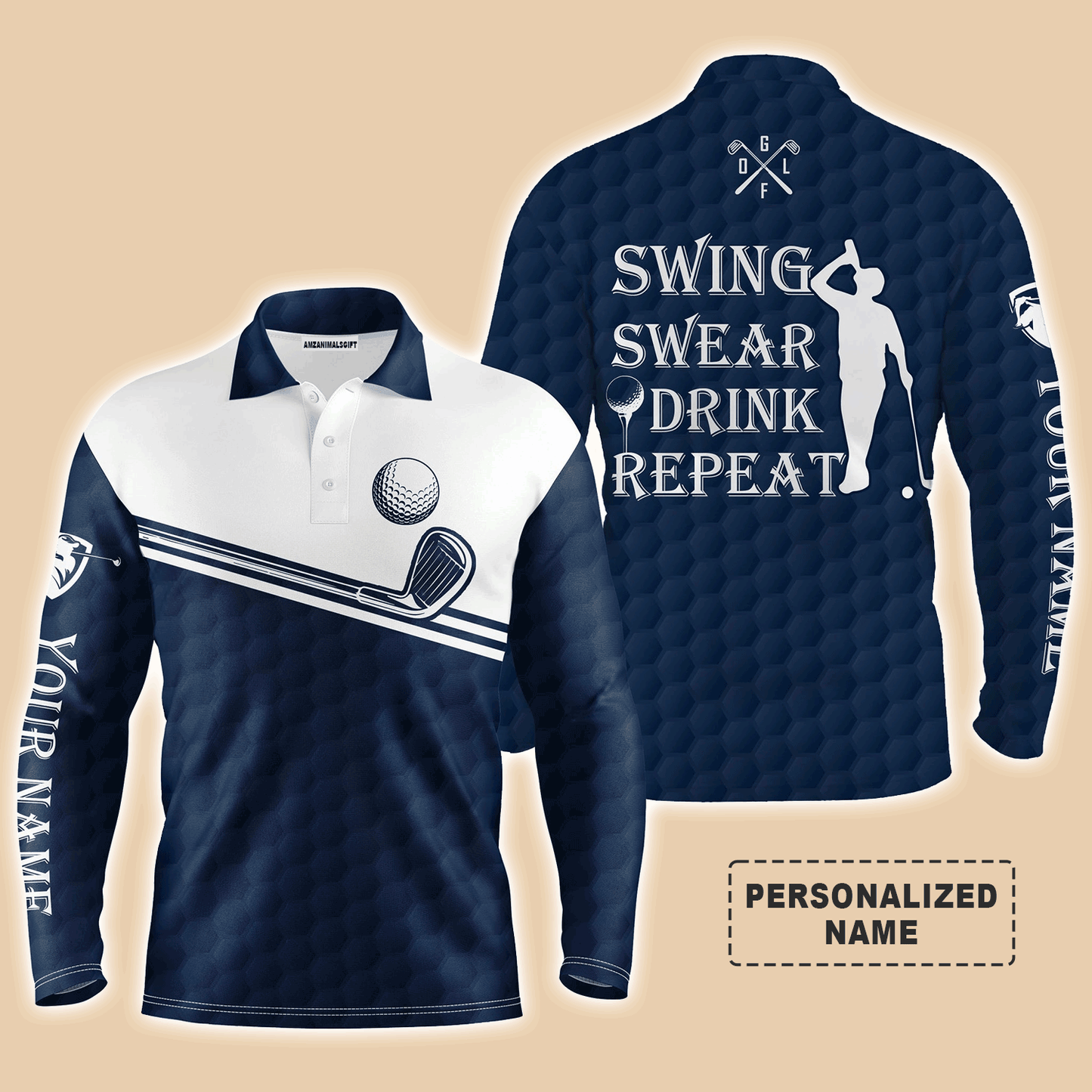 Golf Men Polo Shirt, Custom Name Multicolor Swing Swear Drink Repeat Apparel - Personalized Sports Gifts For Men, Husband, Boyfriend, Golf Lover