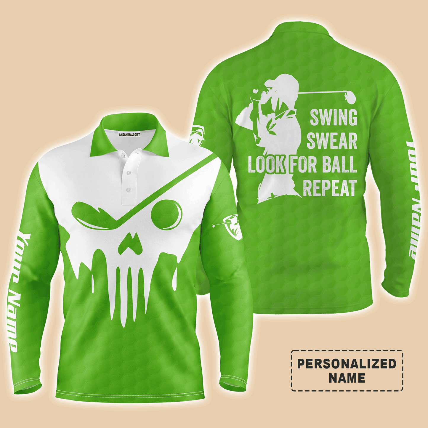 Custom Golf Long Sleeve Men Polo Shirt- Custom Name Multicolor Golf Skull - Swing Swear Look For Ball Repeat Men Polo Shirt For Golf Lover