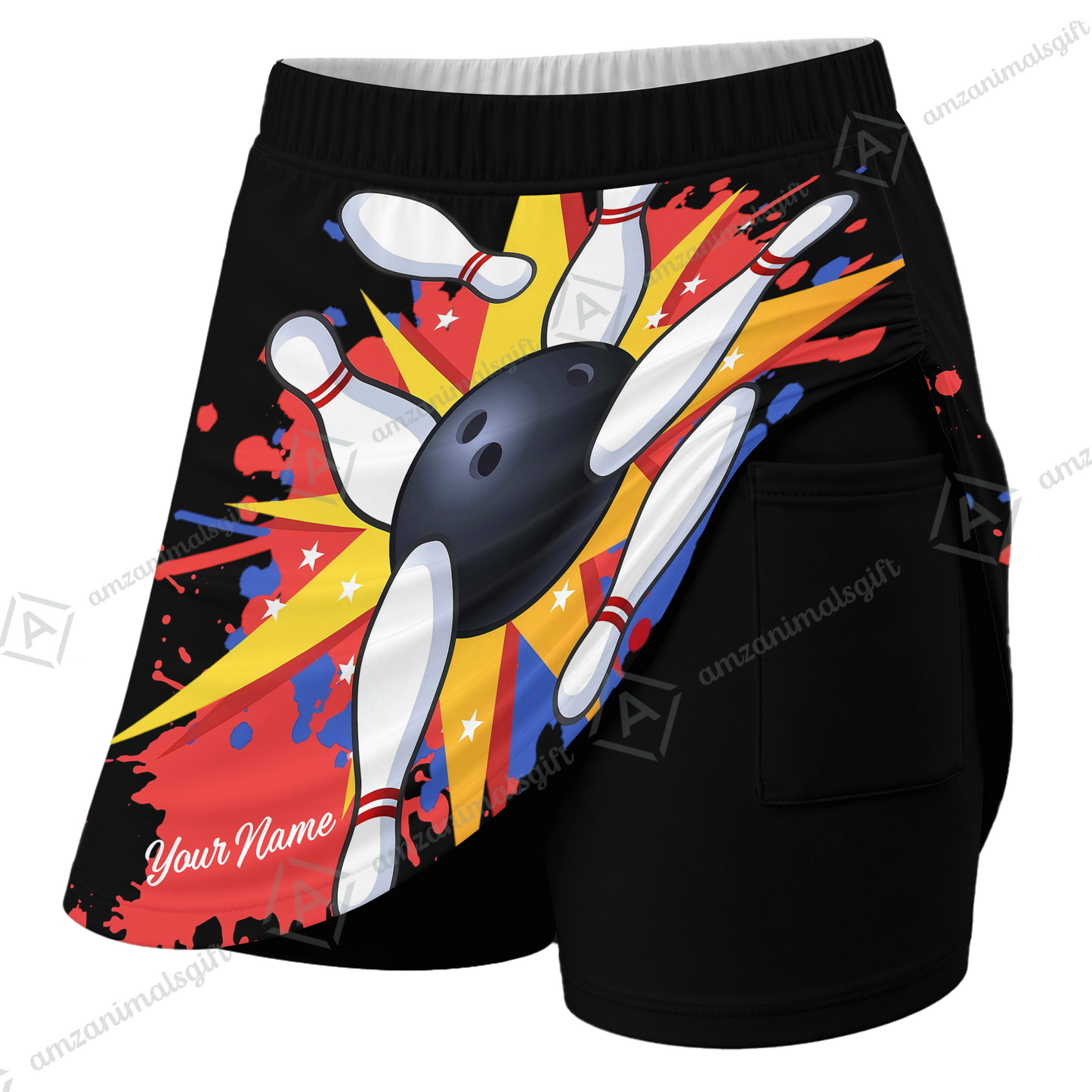Customized Bowling Trouser Skirts With Shorts Underneath, Bowling Colorful Ink Splatter With Pockets