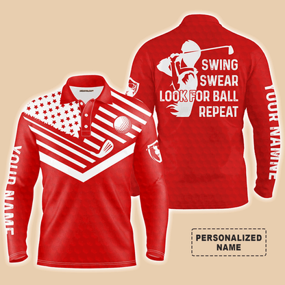Custom Golf Long Sleeve Men Polo Shirt -  Custom Name American Flag Apparel - Swing Swear Look For Ball Repeat Men Golf Polo Shirt