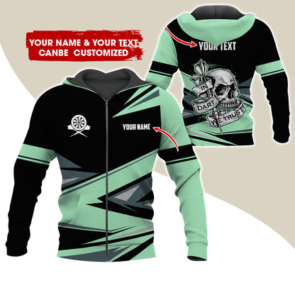 Personalized Name & Text Darts Premium Zip Hoodie, Customized Name Skull In Darts Zip Hoodie For Men & Women - Gift For Darts Lovers, Darts Players