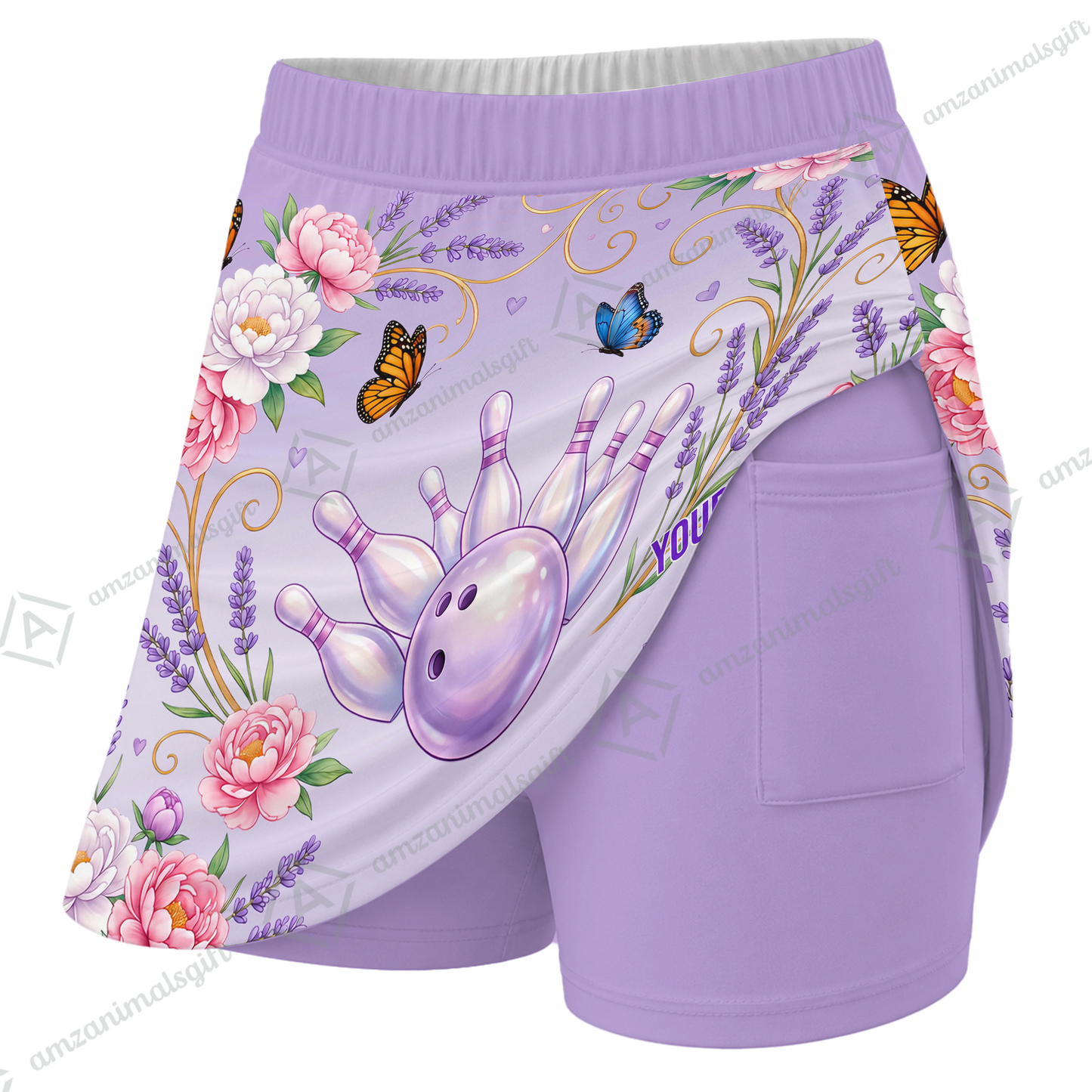 Customized Bowling Trouser Skirts With Shorts Underneath, Bowling Butterfly And Floral Scroll With Pockets