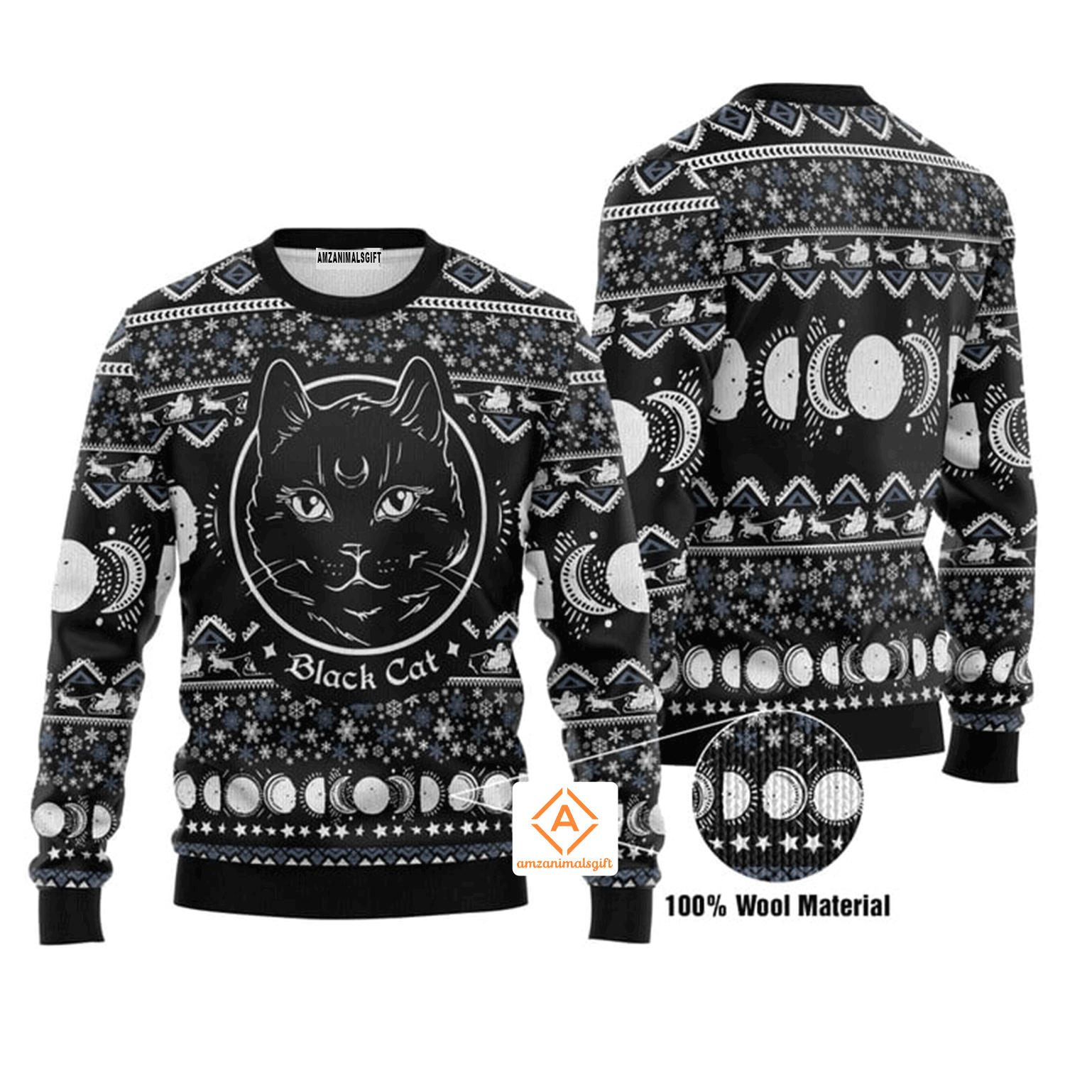 Moon Phase Cute Black Cat Christmas Sweater, Ugly Sweater For Men & Women, Perfect Outfit For Christmas New Year Autumn Winter
