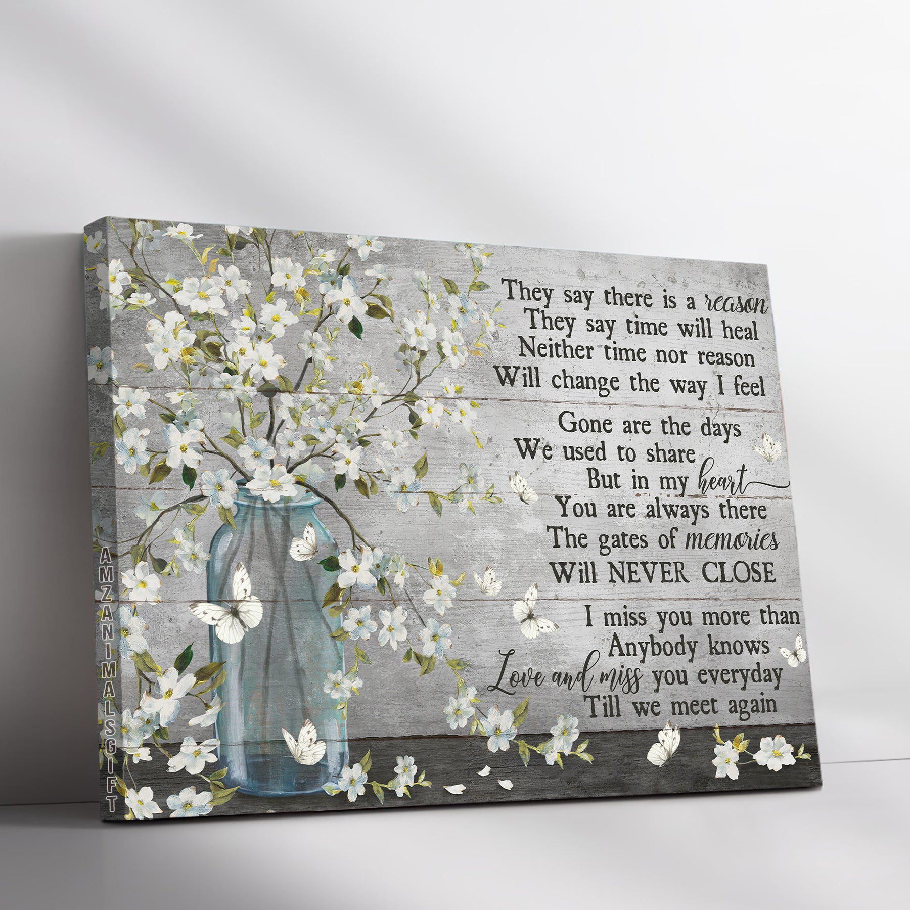 Memorial Premium Wrapped Landscape Canvas - Beautiful white Flower Vase, Subtle Background, They Say Time Will Heal - Perfect Gift For Members Family
