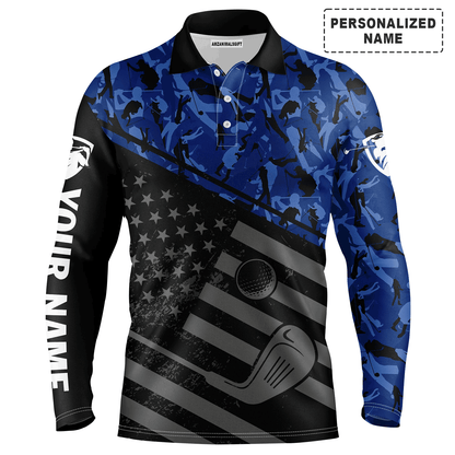 Golf Men Polo Shirt, Camo Polo Custom Name, Black American Flag Patriotic Apparel - Personalized Sports Gift For Men, Husband, Boyfriend, Golf Lovers