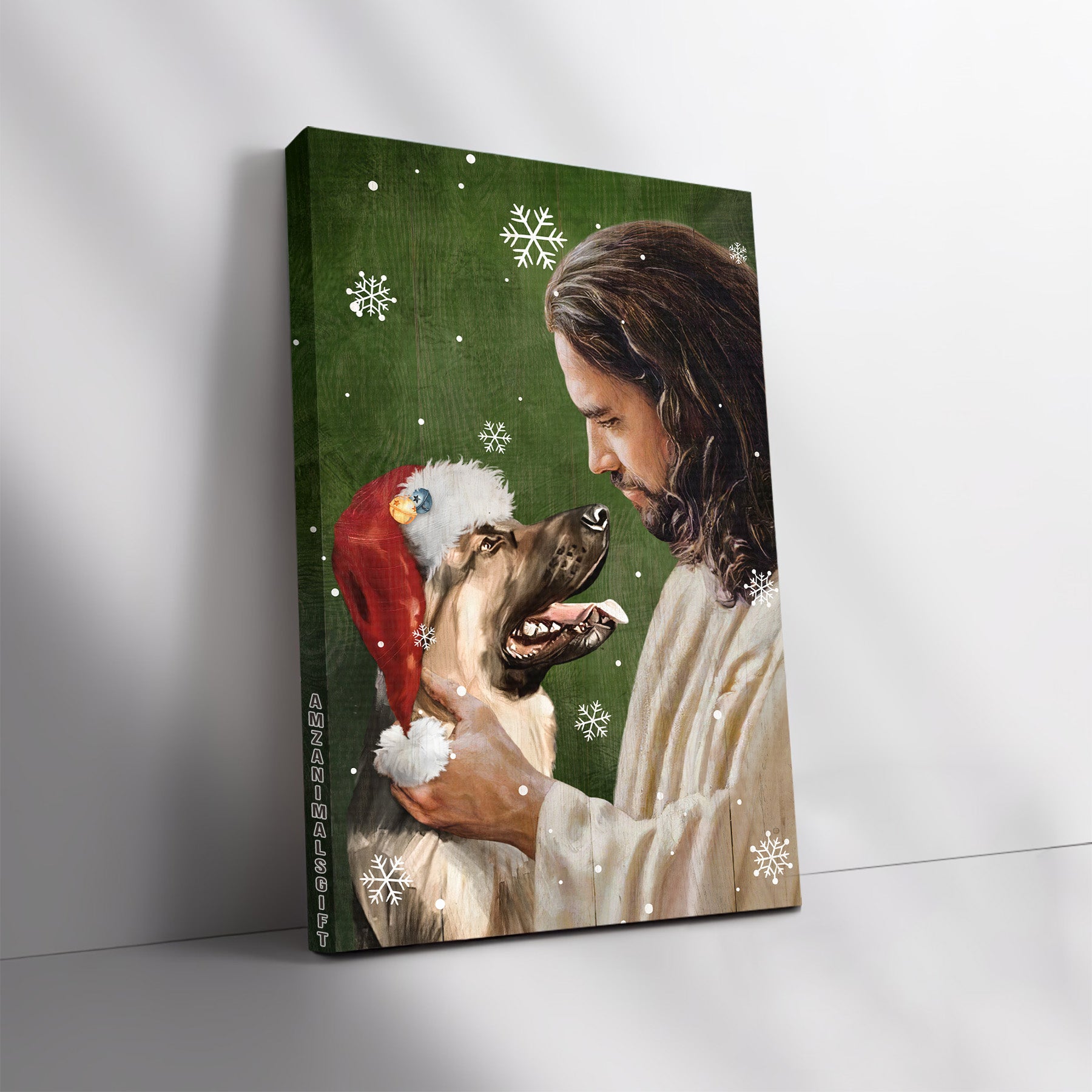 German Shepherd & Jesus Premium Wrapped Portrait Canvas - Jesus Calls, Christmas Hat, Watercolor German Shepherd, White Snow - Gift For Christian