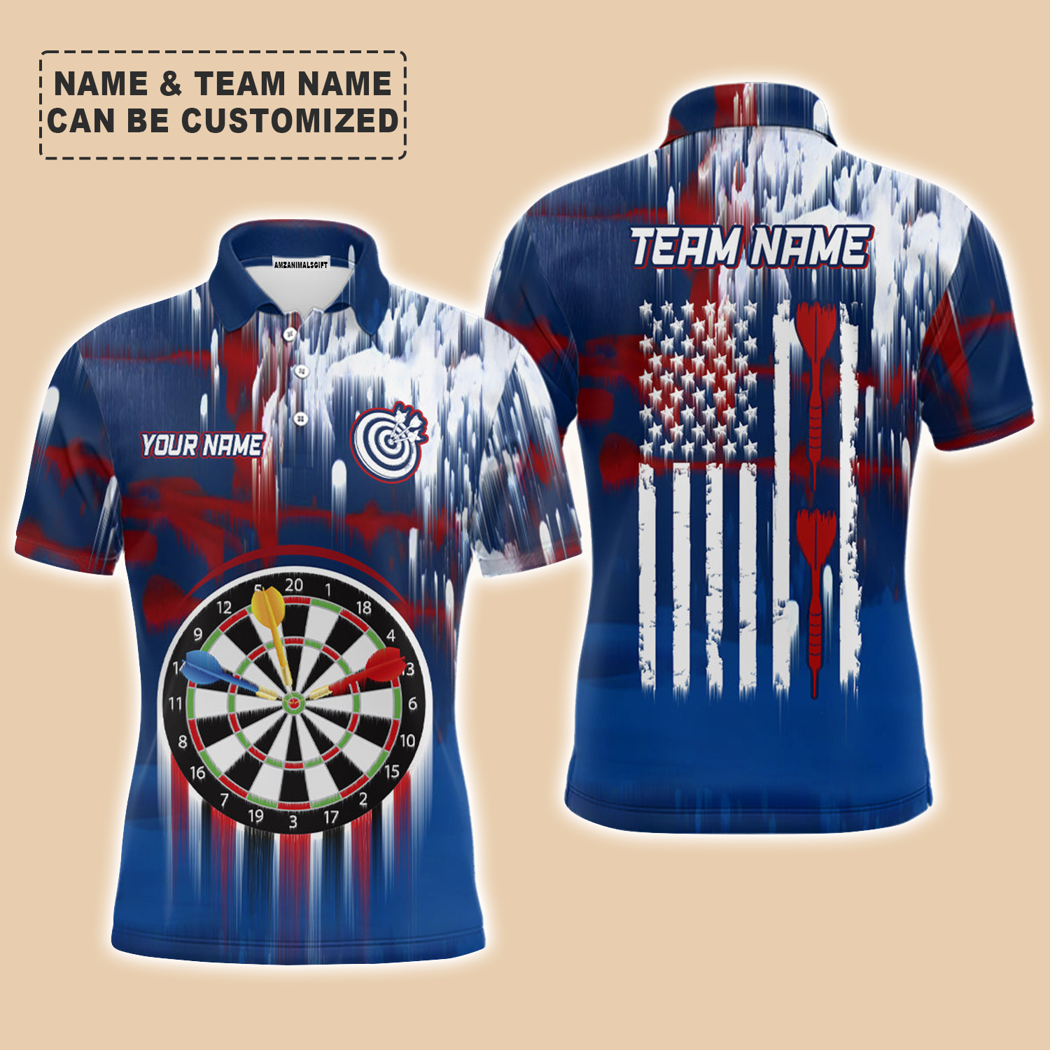 Personalized Darts Men Polo Shirt - Custom Name & Team Name Dart American Blue Red Paint Polo Shirt For Men, Darts Team, Darts Lover