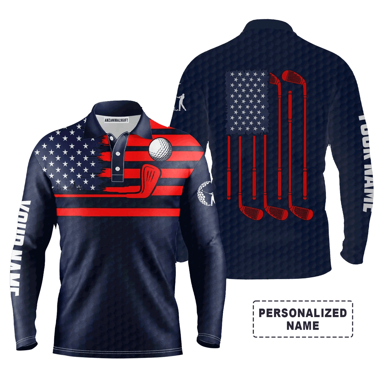 Custom Golf Long Sleeve Men Polo Shirt - American Flag Custom Name Multicolor Apparel Men Golf Polo Shirt - Perfect Polo Shirt For Men, Golf Lover