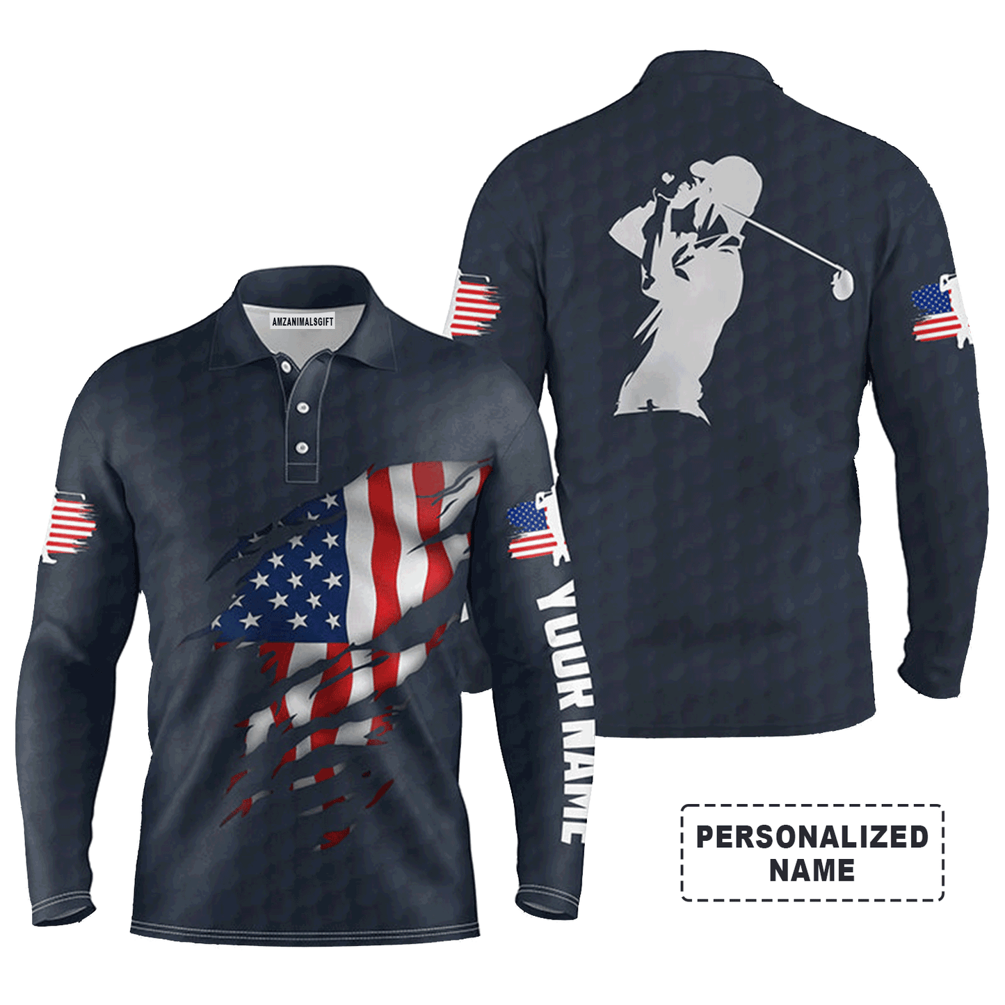 Custom Golf Long Sleeve Men Polo Shirt - Custom Name American Flag Apparel - Personalized Gift For Men, Golf Lover, 4th Of July