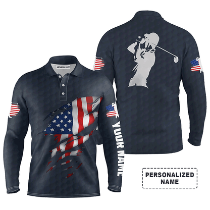 Custom Golf Long Sleeve Men Polo Shirt - Custom Name American Flag Apparel - Personalized Gift For Men, Golf Lover, 4th Of July