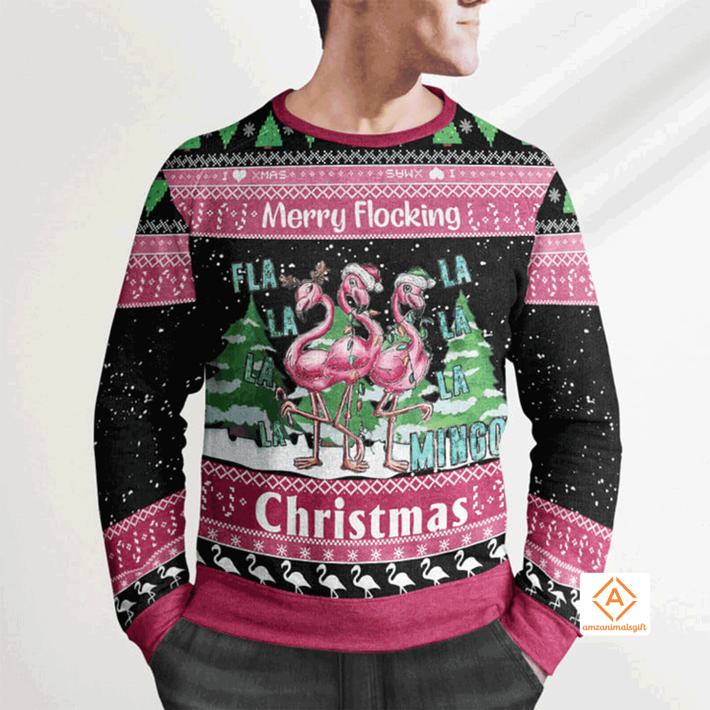 Pink Flamingo Christmas Sweater Merry Flocking Christmas, Ugly Sweater For Men & Women, Perfect Outfit For Christmas New Year Autumn Winter