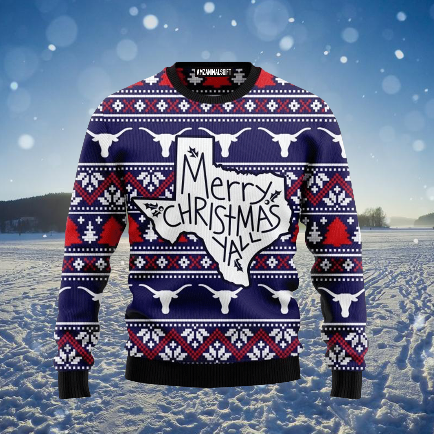 Longhorn Buffalo Christmas Ugly Sweater, Merry Christmas Yall Ugly Sweater, Navy Ugly Sweater, Perfect Gift For Christmas, Friends, Family