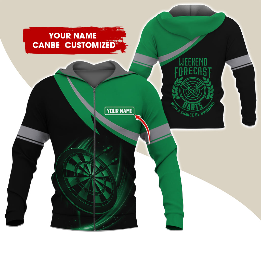 Personalized Name Darts Premium Zip Hoodie, Custom Name Weekend Forecast Darts Zip Hoodie For Men & Women - Gift For Darts Lovers, Darts Players