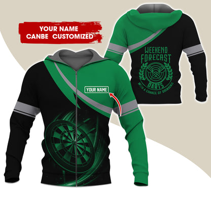 Personalized Name Darts Premium Zip Hoodie, Custom Name Weekend Forecast Darts Zip Hoodie For Men & Women - Gift For Darts Lovers, Darts Players