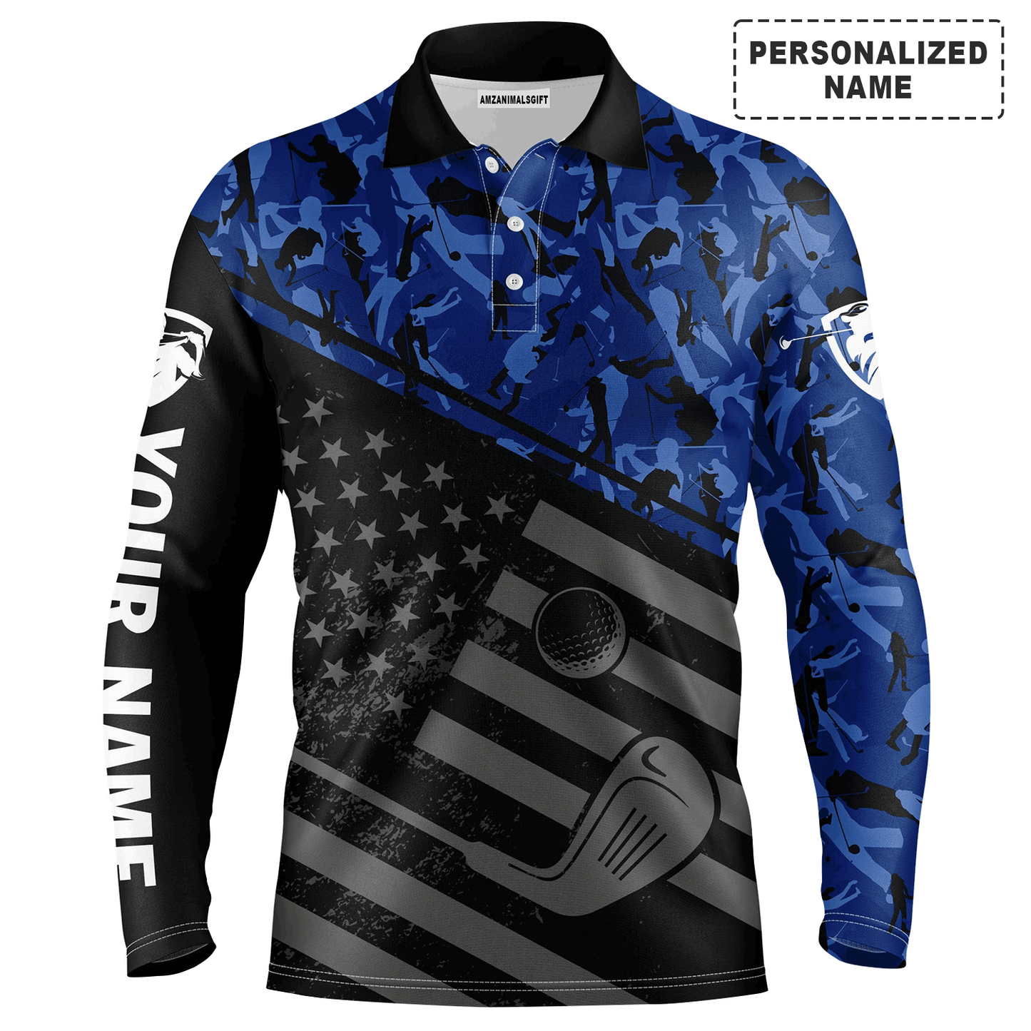 Custom Golf Long Sleeve Men Polo Shirt, Camo Polo Custom Name, Black American Flag Patriotic Apparel - Perfect Gift For Men, Golf Lovers