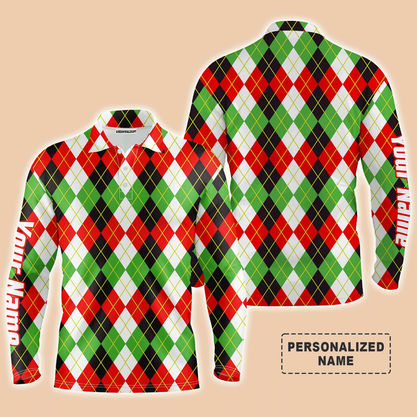 Custom Long Sleeve Men Polo Shirt, Personalized Christmas Plaid Argyle Pattern Polo Shirts - Perfect Gift For Men, Golf Lovers