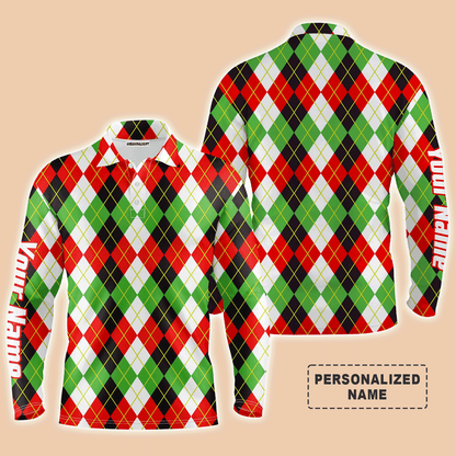Custom Long Sleeve Men Polo Shirt, Personalized Christmas Plaid Argyle Pattern Polo Shirts - Perfect Gift For Men, Golf Lovers