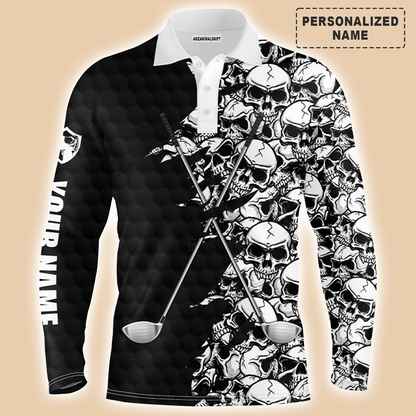 Custom Golf Long Sleeve Men Polo Shirt, Pattern Skull Golf Clubs Performance Custom Name Apparel - Perfect Gift For Men, Golf Lovers