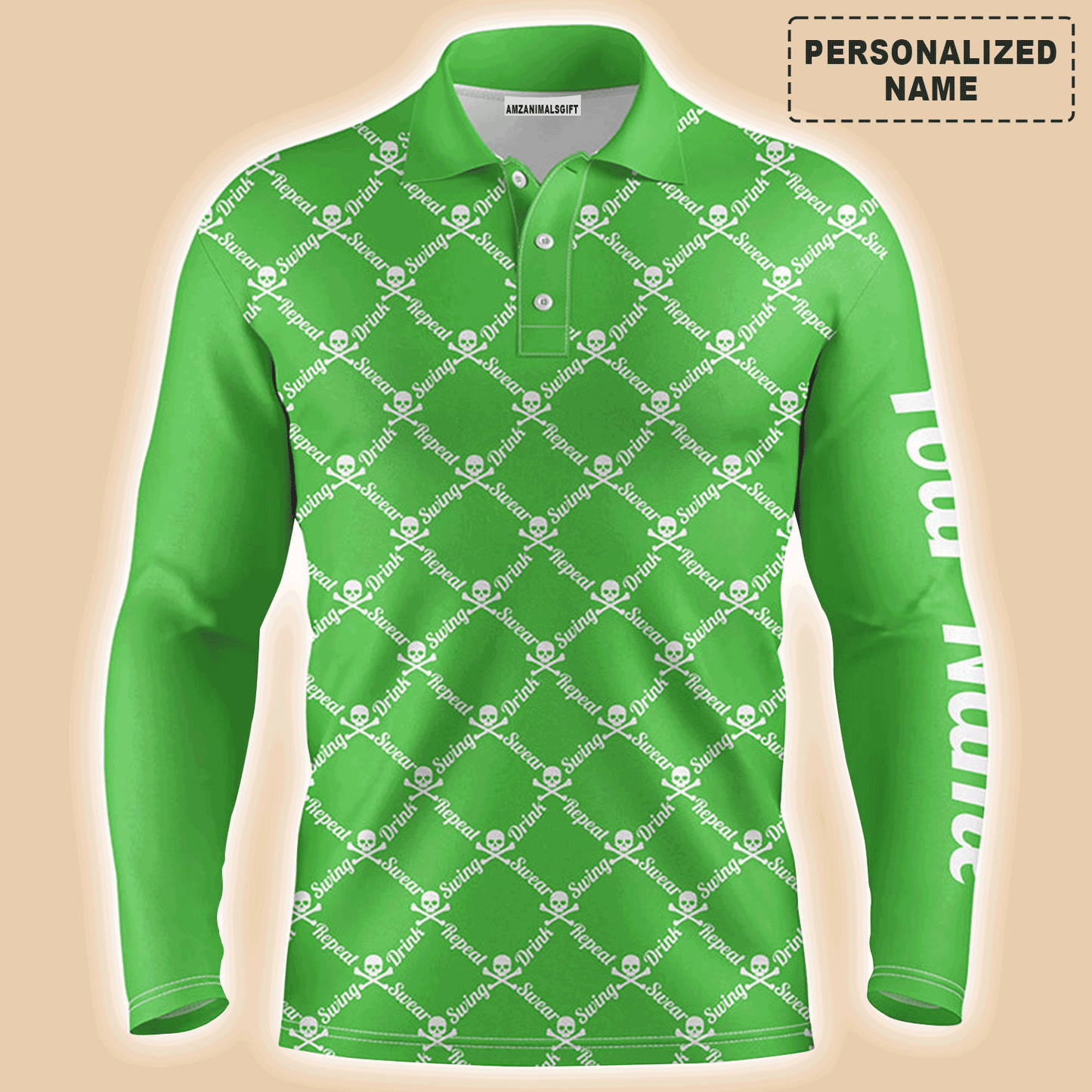 Custom Golf Long Sleeve Men Polo Shirt -Swing Swear Drink Repeat Skull Pattern Apparel-Personalized Gift For Golf Lover, Team, Husband, Boyfriend, Men