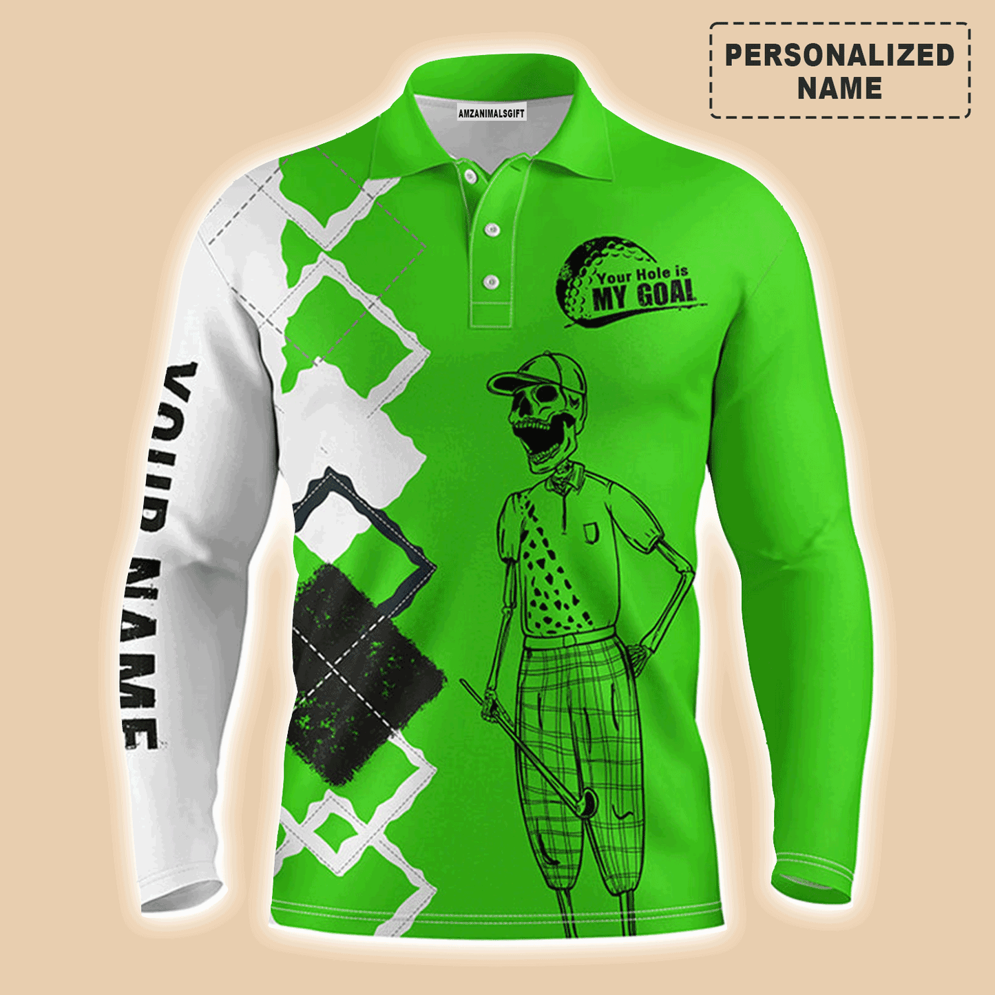 Custom Golf Long Sleeve Men Polo Shirt - Custom Name Skull Apparel - Your Hole Is My Goal Men Polo Shirt - Perfect Polo Shirt For Men, Golfers