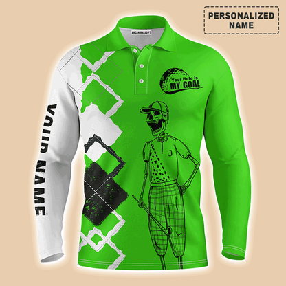Custom Golf Long Sleeve Men Polo Shirt - Custom Name Skull Apparel - Your Hole Is My Goal Men Polo Shirt - Perfect Polo Shirt For Men, Golfers