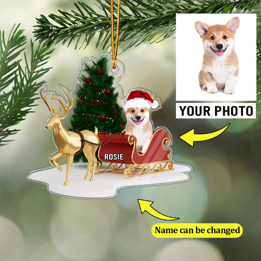 Dog And Reindeer Santa's Sleigh Christmas Ornament Custom Name And Photo Custom Shape Acrylic Ornament for Dog Lover