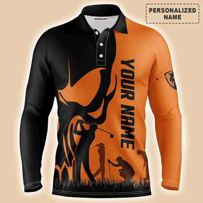 Custom Golf Long Sleeve Men Polo Shirt, Custom Name Skull Golf Ball Skin Apparel Men Golf Polo Shirt - Perfect Gift For Men, Golf Lovers