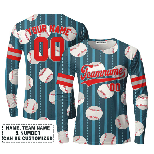 Customized Baseball Long Sleeve Shirt, Teal Baseball Striped Pattern Teal White Custom Long Sleeve Shirt - Perfect Long Sleeve Shirt For Men & Woman, Baseball Lovers