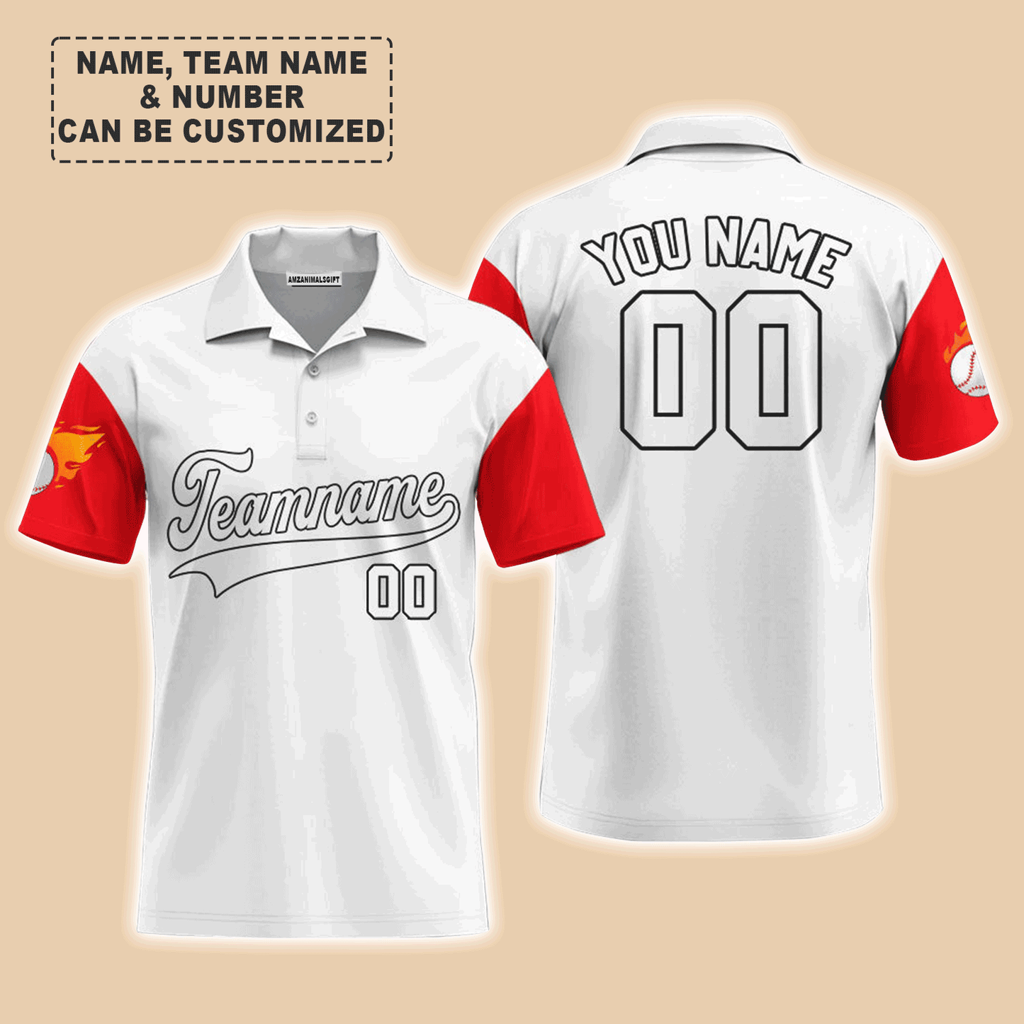 Customized Baseball Men Polo Shirt, Texas Fire Baseball White Red Custom Polo Shirt - Perfect Polo Shirt For Men, Baseball Lovers