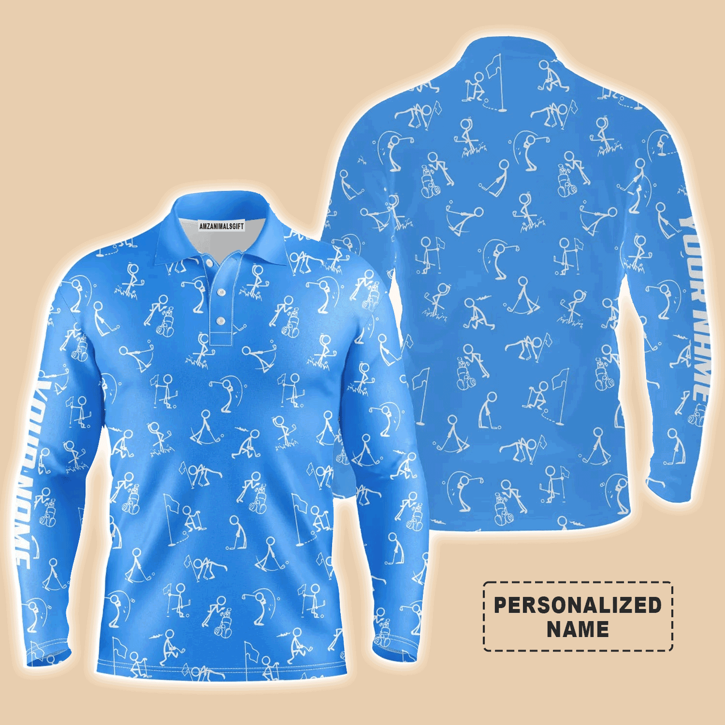 Custom Golf Long Sleeve Men Polo Shirt- Funny Golf Pattern Custom Name Multicolor Apparel - Personalized Gift For Men, Golf Lover, Team, Husband