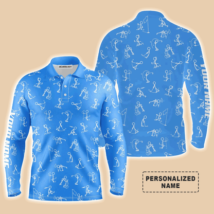 Custom Golf Long Sleeve Men Polo Shirt- Funny Golf Pattern Custom Name Multicolor Apparel - Personalized Gift For Men, Golf Lover, Team, Husband