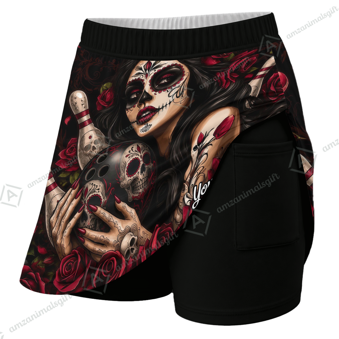 Customized Bowling Trouser Skirts With Shorts Underneath, Bowling Sugar Skull Women With Pockets