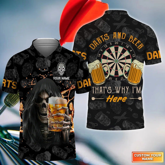 Darts Men Polo Shirt Custom Name - Darts And Beer That's Why I'm Here Personalized Polo Shirt For Men - Gift For Darts Player, Friend, Family