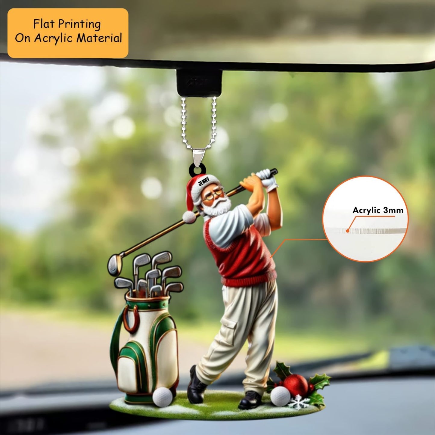 Personalized Golf  Santa Cart  Acrylic Ornament, Golf Keychain, Car Ornament, Christmas Ornament Gifts