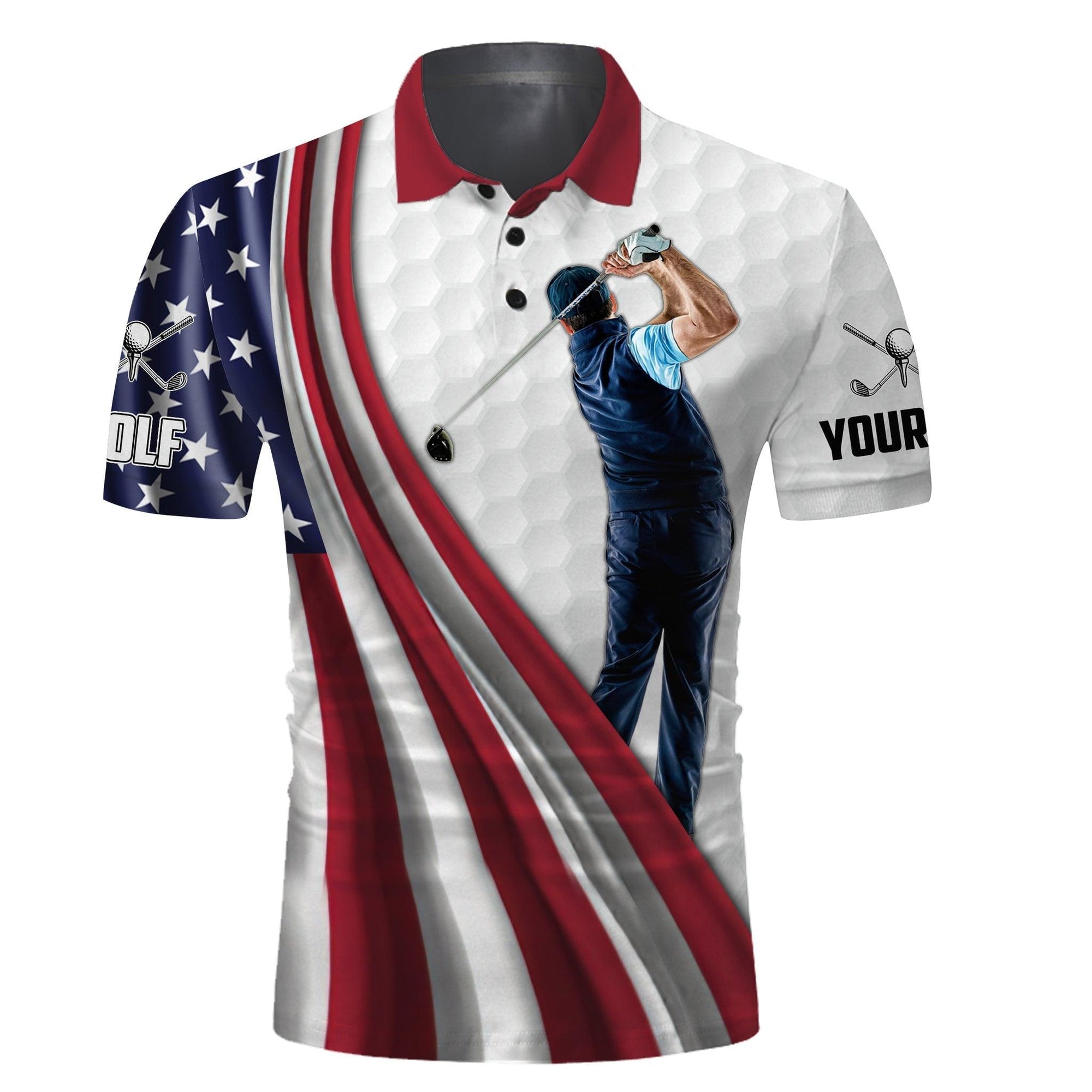 4th of July Golf Men Polo Shirt - Custom Name White Golf American Flag 4th of July Polo Shirts - Personalized Custom Name White Men Golf Polo Shirts - Amzanimalsgift