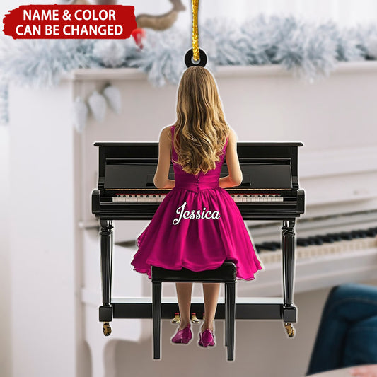 Personalized Female Woman Girl Play Piano Back View Flat Acrylic Ornament, Ornament Gifts For Daughter, Granddaughter