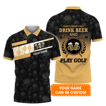 Customized Golf Men Polo Shirt, Skull I Drink Beer And Play Golf, Personalized Name Polo Shirt For Men - Perfect Gift For Golf Lovers, Golfers