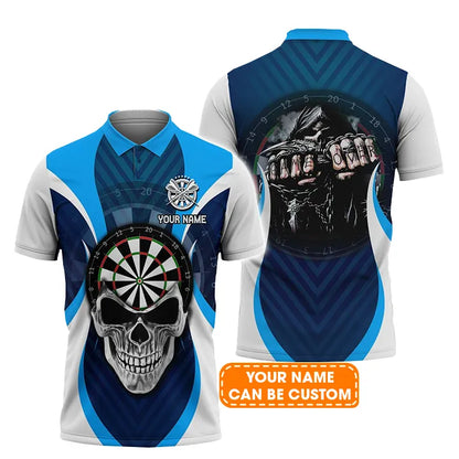 Darts Custom Name Men Polo Shirt, Skull Blue Dartboard Personalized Men Polo Shirt Gift For Darts Lovers, Friend, Darts Team Player