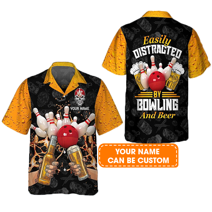 Bowling Hawaiian Shirt Custom Name, Easily Distracted By Bowling And Beer Personalized Aloha Hawaiian Shirts - Gift For Bowling Lovers, Friend, Family