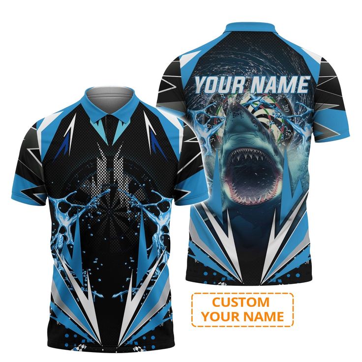 Shark And Darts Custom Name Men's Long Sleeve Polo Shirt, Whirlpool Bullseye Dartboard Personalized Long Sleeve Polo Shirt Gift For Darts Lovers, Friends, Team