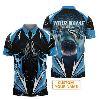 Shark And Darts Custom Name Men's Long Sleeve Polo Shirt, Whirlpool Bullseye Dartboard Personalized Long Sleeve Polo Shirt Gift For Darts Lovers, Friends, Team