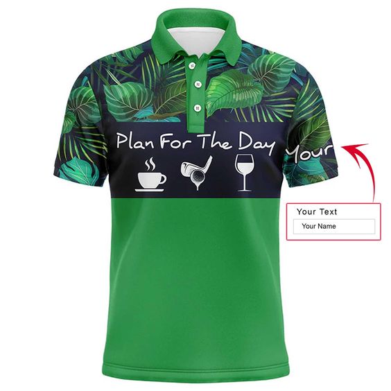Custom Golf Men Polo Shirt- Custom Name Green Tropical Plants Apparel, Plan For The Day Coffee Golf Men Polo Shirt - Perfect Polo Shirt For Men, Golfers