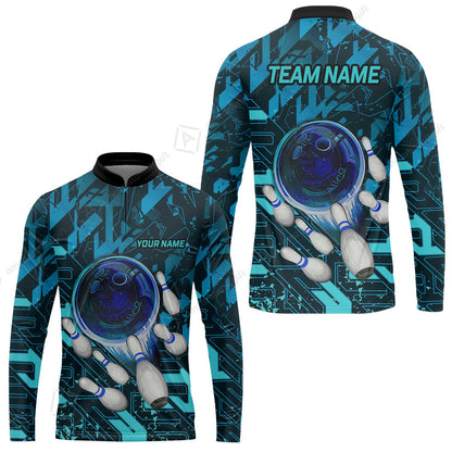 Customized Blue Metric Abstract Bowling Team Jersey, Personalized Name Bowling Quarter-Zip Uniforms For Bowlers, Team League