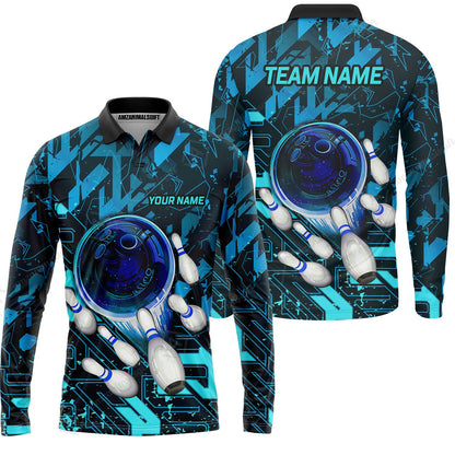 Customized Blue Metric Abstract Bowling Team Jersey, Personalized Name Bowling Quarter-Zip Uniforms For Bowlers, Team League