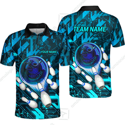 Customized Blue Metric Abstract Bowling Team Jersey, Personalized Name Bowling Quarter-Zip Uniforms For Bowlers, Team League