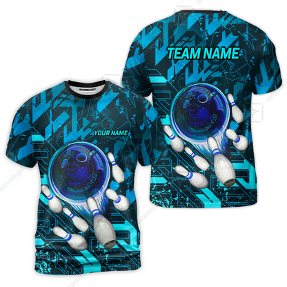 Customized Blue Metric Abstract Bowling Team Jersey, Personalized Name Bowling Quarter-Zip Uniforms For Bowlers, Team League