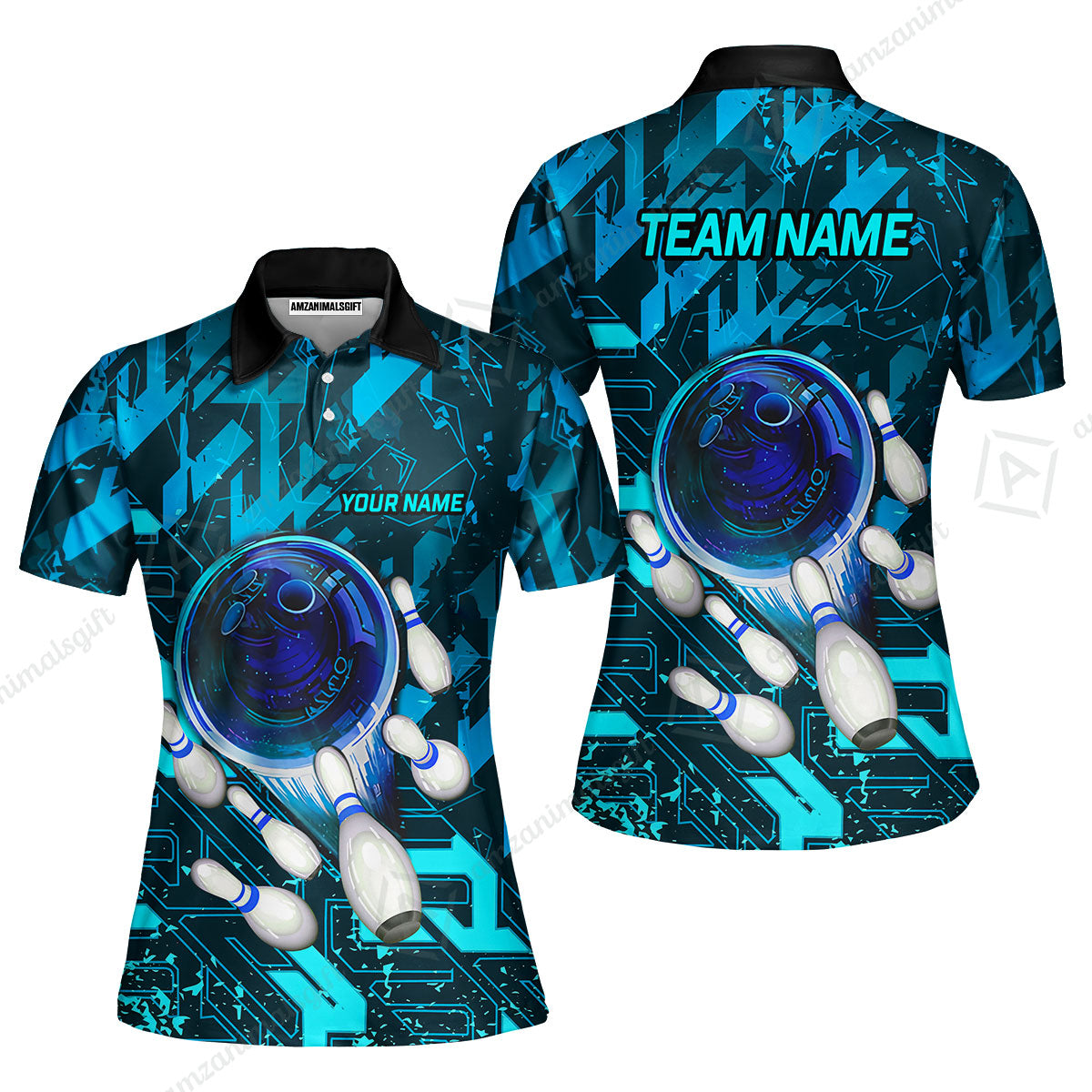 Customized Blue Metric Abstract Bowling Team Jersey, Personalized Name Bowling Quarter-Zip Uniforms For Bowlers, Team League