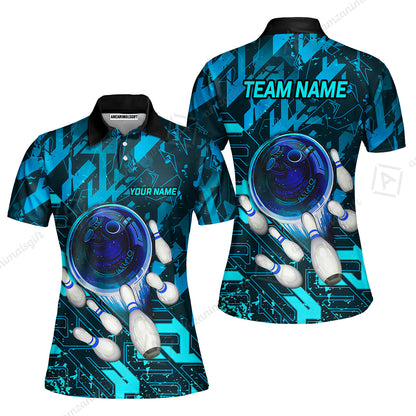 Customized Blue Metric Abstract Bowling Team Jersey, Personalized Name Bowling Quarter-Zip Uniforms For Bowlers, Team League